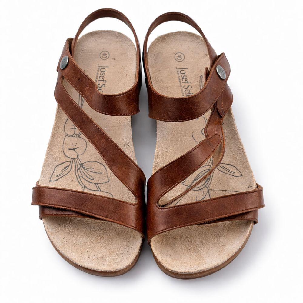 Josef Seibel Brown Leather Comfort Sandals EU 40 Adjustable Strappy Footbed